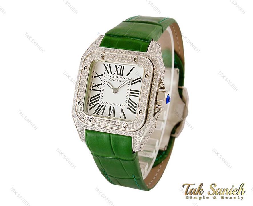 ساعت کارتیر زنانه دورنگین بند چرم سبز Cartier-4082-L